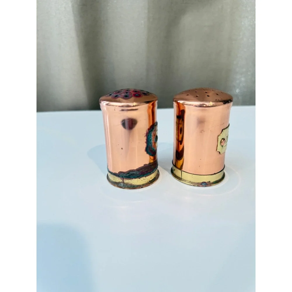 Vintage Copper and Brass Salt and Pepper Shakers Rustic Mug Tankard Set